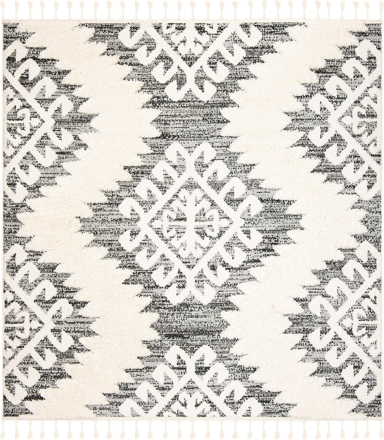 SAFAVIEH Moroccan Tassel Shag Collection Area Rug - 9' Square, Ivory & Grey, Boho Design, Non-Shedding & Easy Care, 2-inch Thick Ideal for High Traffic Areas in Living Room, Bedroom (MTS652F)