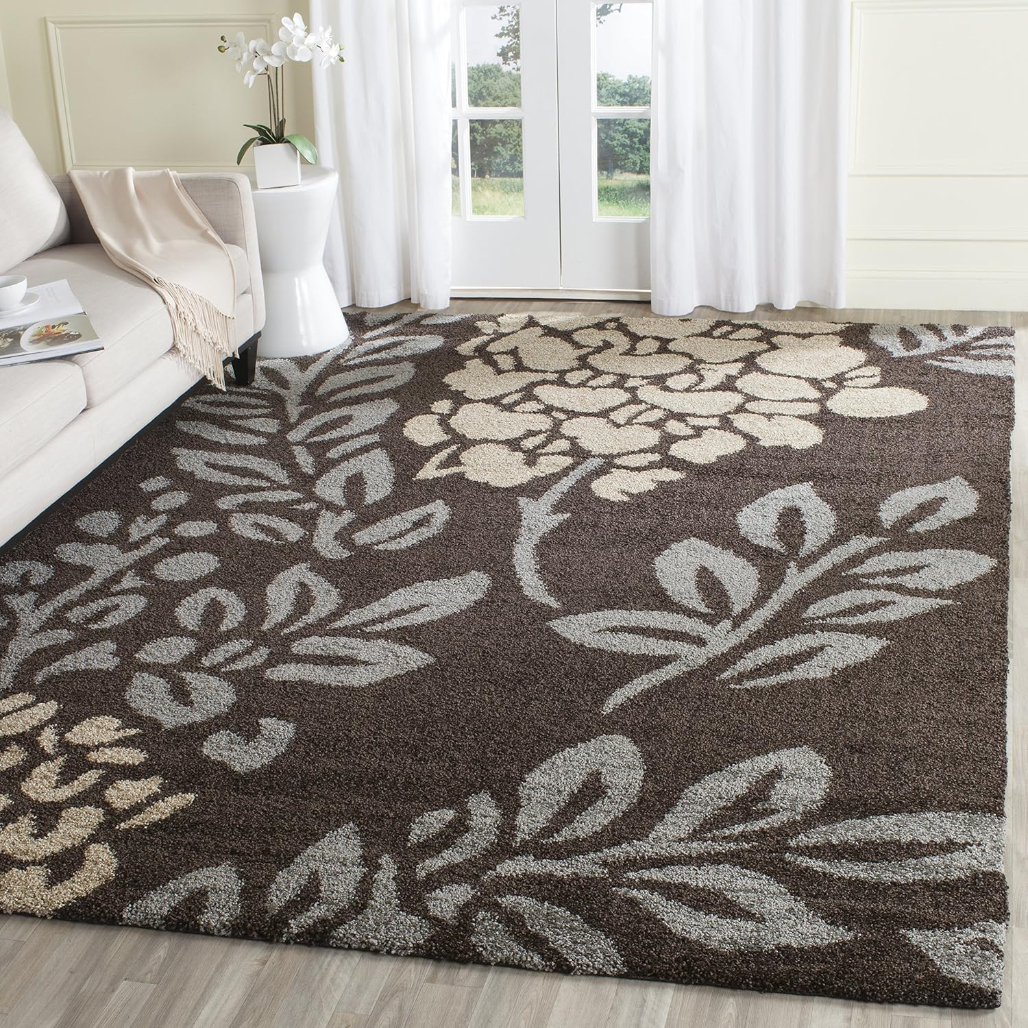 SAFAVIEH Florida Shag Collection Area Rug - 8'6' x 12', Dark Brown & Grey, Floral Design, Non-Shedding & Easy Care, 1.2-inch Thick Ideal for High Traffic Areas in Living Room, Bedroom (SG456-2880)