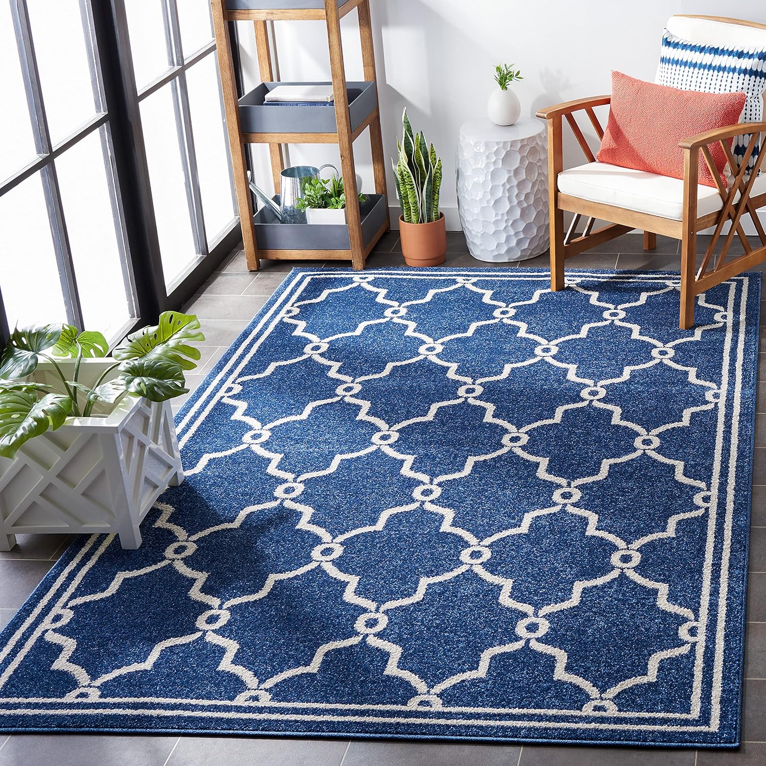 SAFAVIEH Amherst Collection Area Rug - 9' x 12', Navy & Beige, Trellis Design, Non-Shedding & Easy Care, Ideal for High Traffic Areas in Living Room, Bedroom (AMT414P)