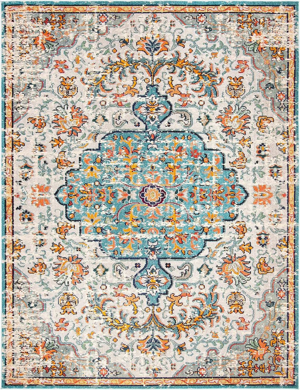 SAFAVIEH Madison Collection Area Rug - 9' x 12', Grey & Light Blue, Boho Chic Medallion Distressed Design, Non-Shedding & Easy Care, Ideal for High Traffic Areas in Living Room, Bedroom (MAD447F)