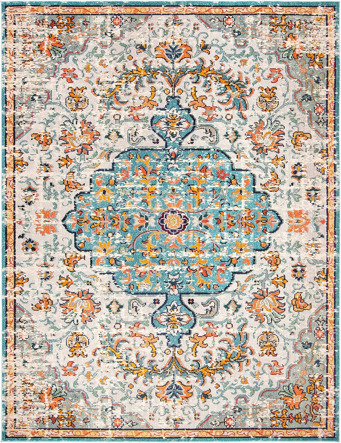 SAFAVIEH Madison Collection Area Rug - 9' x 12', Grey & Light Blue, Boho Chic Medallion Distressed Design, Non-Shedding & Easy Care, Ideal for High Traffic Areas in Living Room, Bedroom (MAD447F)