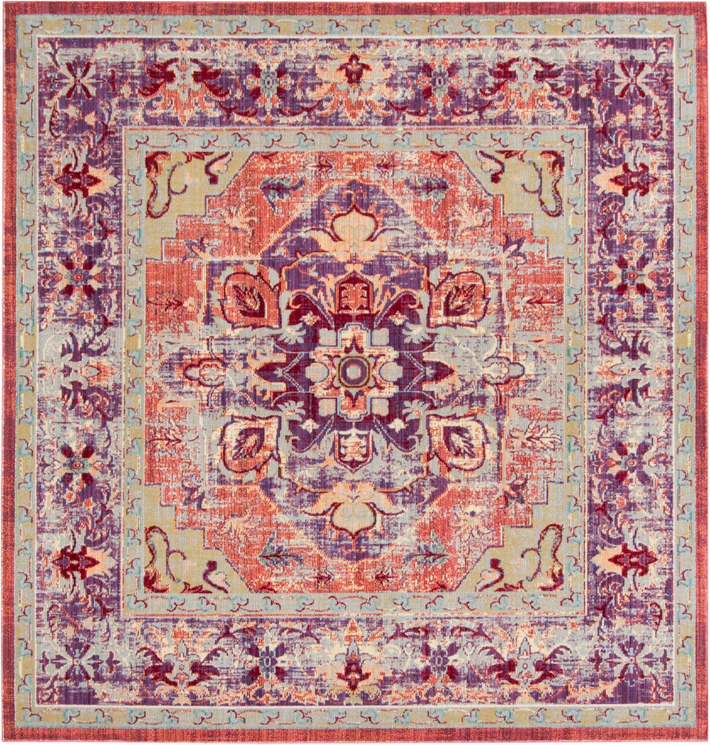SAFAVIEH Claremont Collection Area Rug - 6'7' Square, Purple & Coral, Oriental Medallion Distressed Design, Non-Shedding & Easy Care, Ideal for High Traffic Areas in Living Room, Bedroom (CLR664A)
