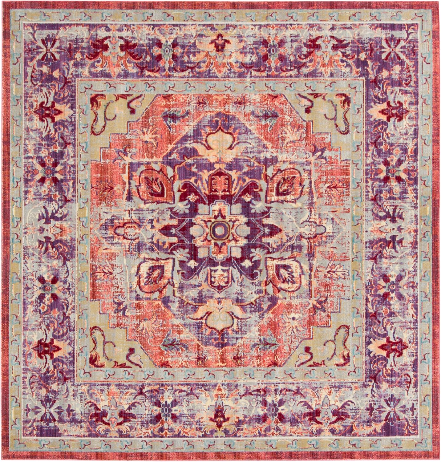 SAFAVIEH Claremont Collection Area Rug - 6'7' Square, Purple & Coral, Oriental Medallion Distressed Design, Non-Shedding & Easy Care, Ideal for High Traffic Areas in Living Room, Bedroom (CLR664A)