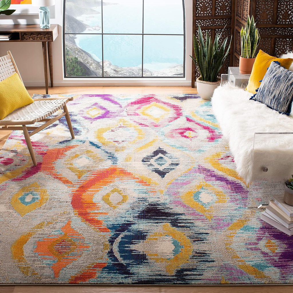 SAFAVIEH Monaco Collection Area Rug - 9' x 12', Multi, Ogee Trellis Watercolor Distressed Design, Non-Shedding & Easy Care, Ideal for High Traffic Areas in Living Room, Bedroom (MNC242F)