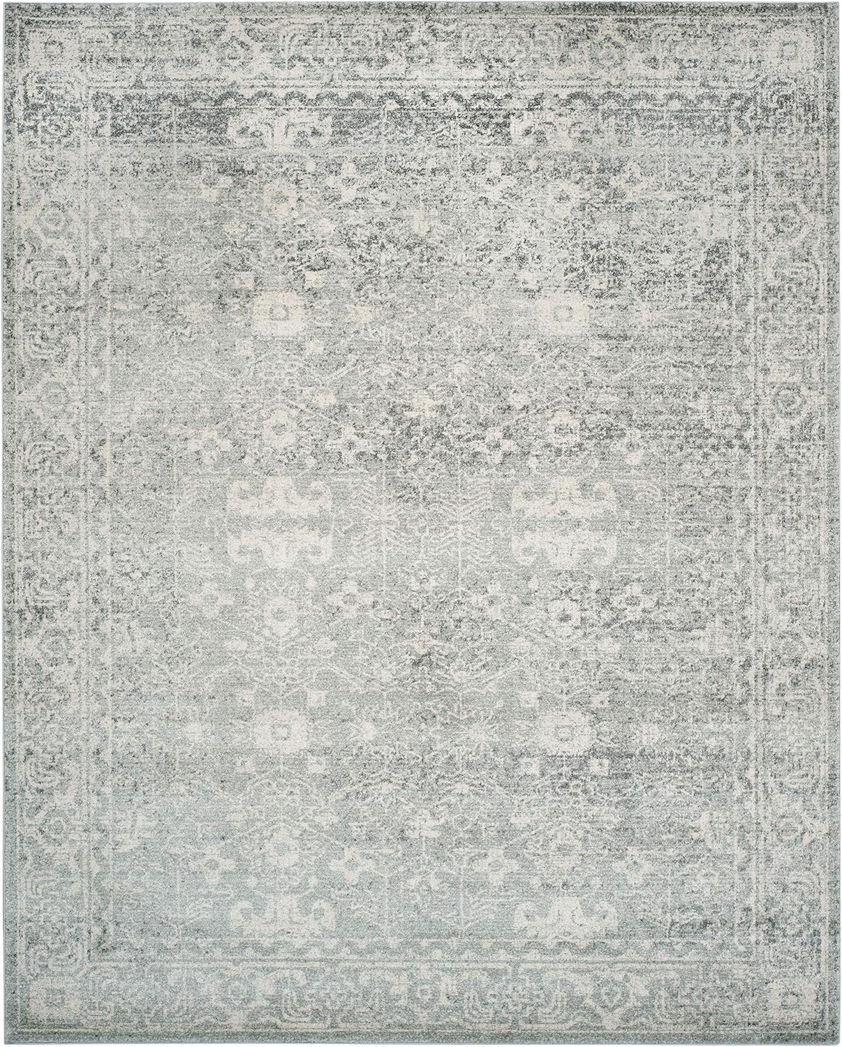 SAFAVIEH Evoke Collection Area Rug - 9' x 12', Silver & Ivory, Shabby Chic Distressed Design, Non-Shedding & Easy Care, Ideal for High Traffic Areas in Living Room, Bedroom (EVK270Z)