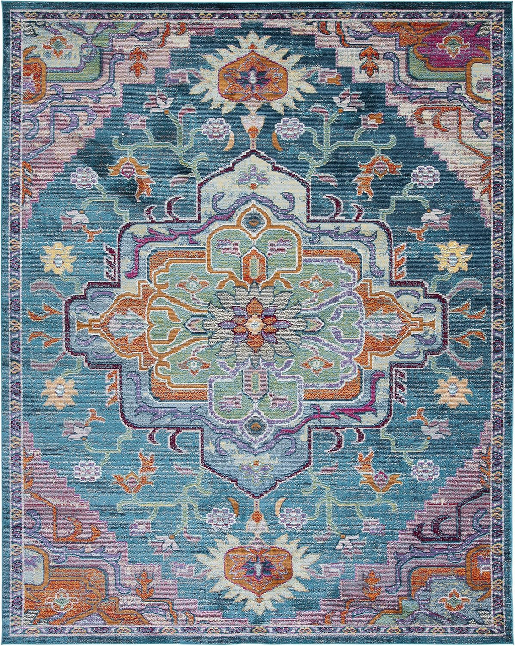 SAFAVIEH Crystal Collection Area Rug - 6'7' x 9'2', Teal & Rose, Medallion Distressed Design, Non-Shedding & Easy Care, Ideal for High Traffic Areas in Living Room, Bedroom (CRS501T)
