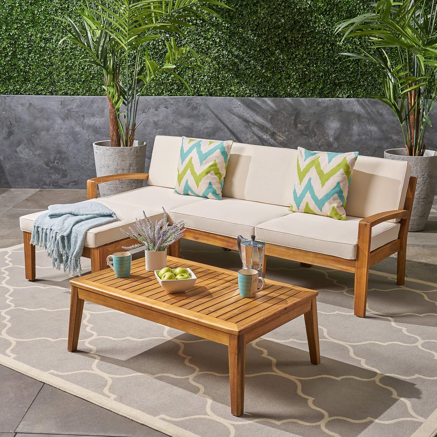 Christopher Knight Home Grenada Sectional Sofa Set | 5-Piece 3-Seater | Includes Coffee Table and Ottoman | Acacia Wood Frame | Water-Resistant Cushions | Teak and Beige, Finish