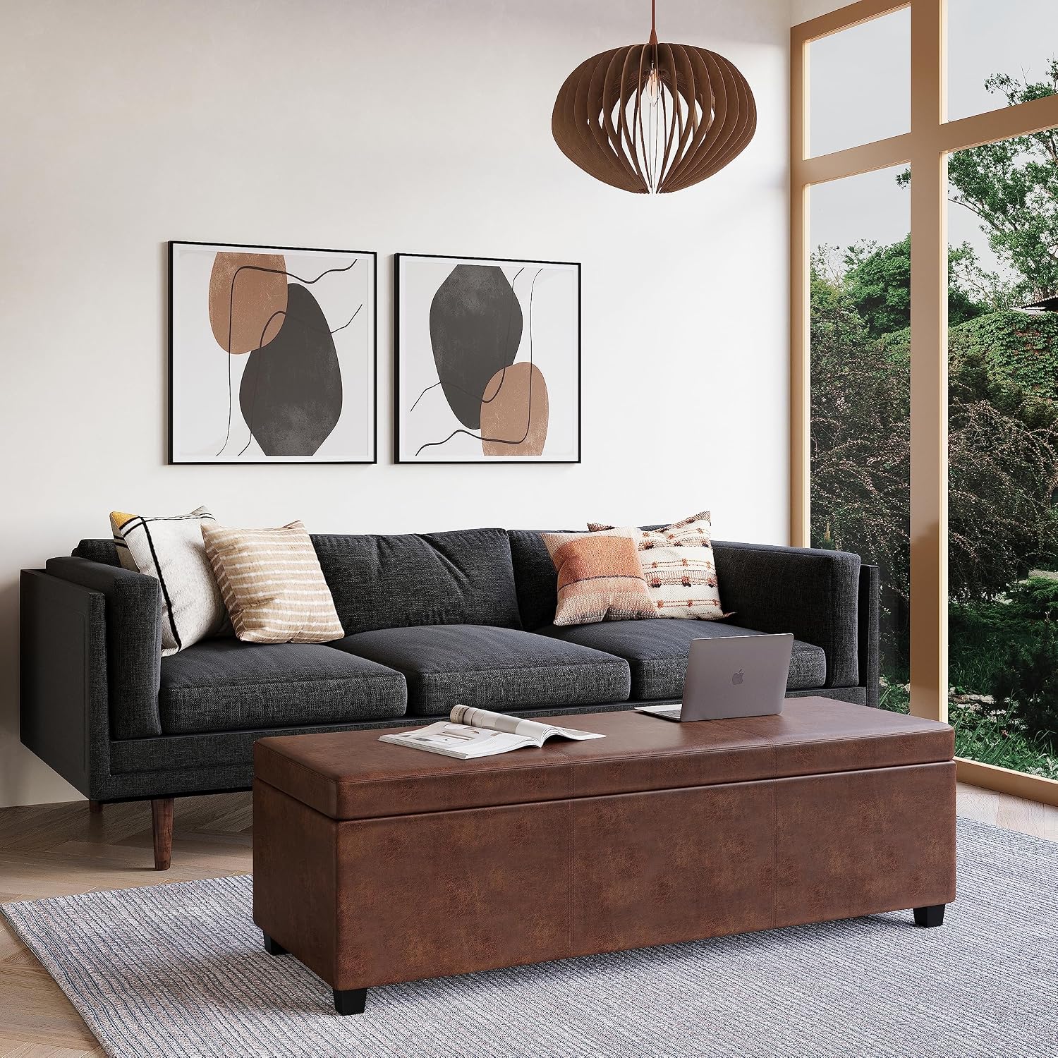 SIMPLIHOME Avalon Extra Large Storage Ottoman Bench - 54 inch Wide Upholstered Vegan Leather Rectangular Lift-Top Ottoman in Distressed Saddle Brown, Contemporary Bench for Living Room with Storage
