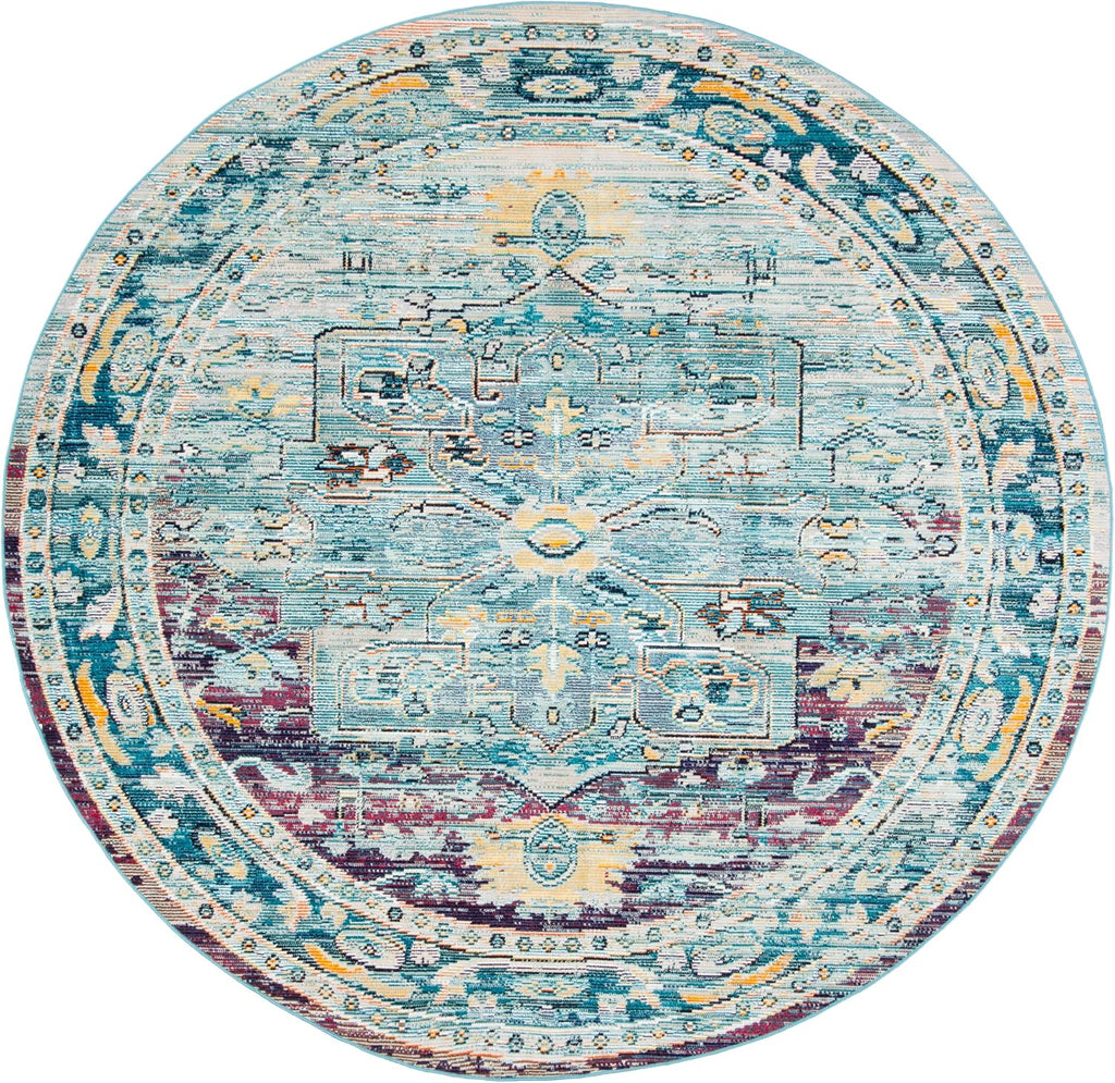 SAFAVIEH Crystal Collection Area Rug - 7' Round, Teal & Purple, Medallion Distressed Design, Non-Shedding & Easy Care, Ideal for High Traffic Areas in Living Room, Bedroom (CRS503D)