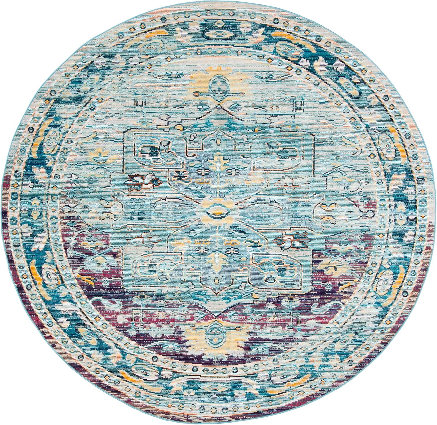 SAFAVIEH Crystal Collection Area Rug - 7' Round, Teal & Purple, Medallion Distressed Design, Non-Shedding & Easy Care, Ideal for High Traffic Areas in Living Room, Bedroom (CRS503D)