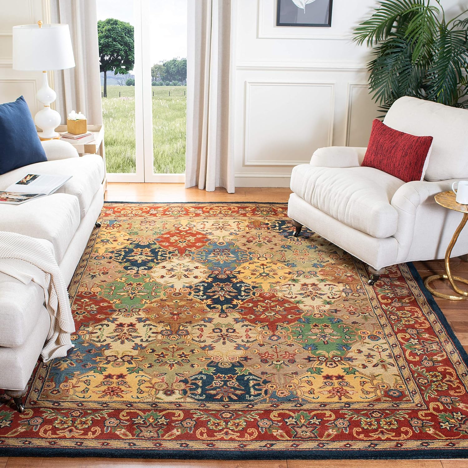 SAFAVIEH Heritage Collection Area Rug - 6' Square, Multi & Burgundy, Handmade Traditional Oriental Wool, Ideal for High Traffic Areas in Living Room, Bedroom (HG911A)
