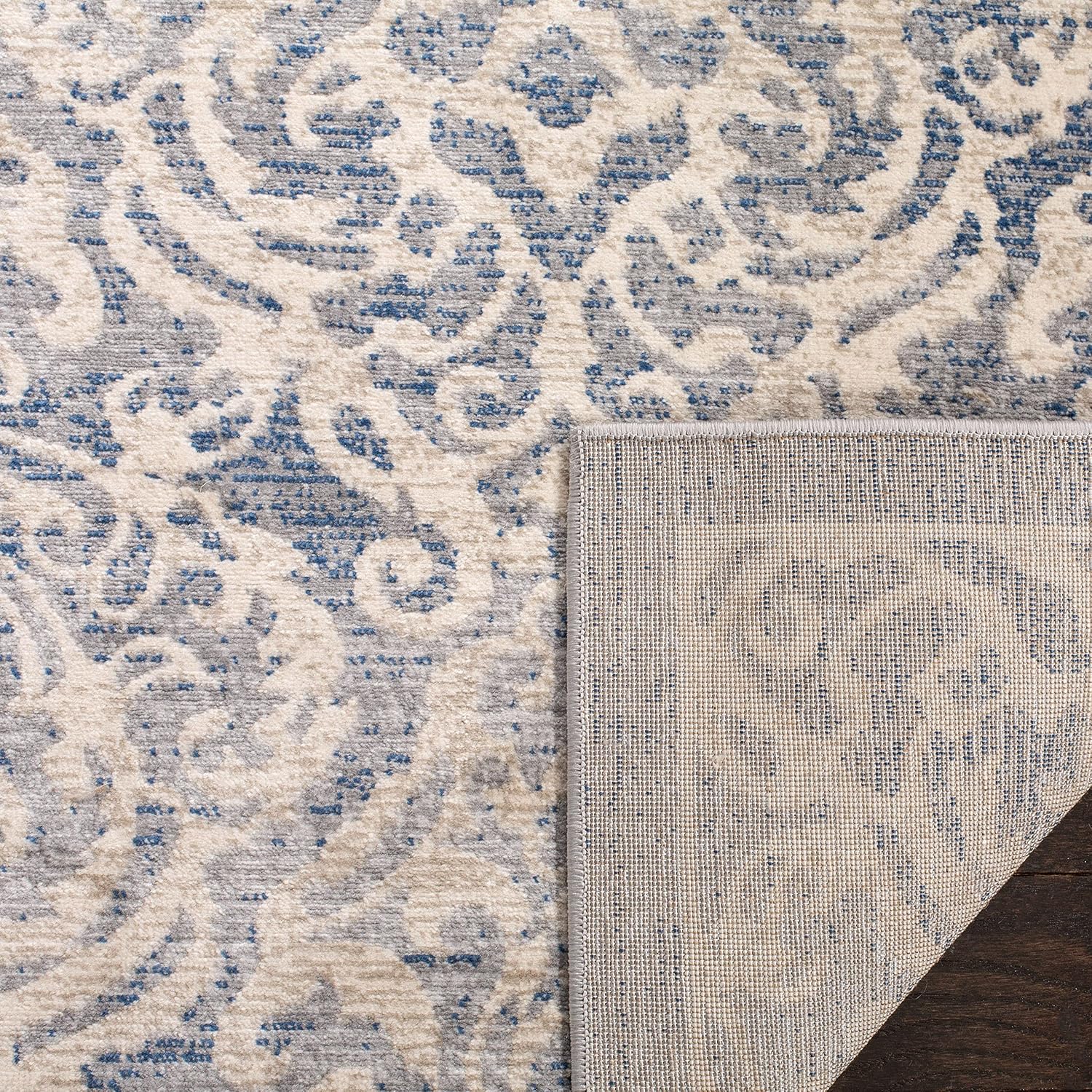 SAFAVIEH Brentwood Collection Area Rug - 9' x 12', Light Grey & Blue, Damask Design, Non-Shedding & Easy Care, Ideal for High Traffic Areas in Living Room, Bedroom (BNT810G)