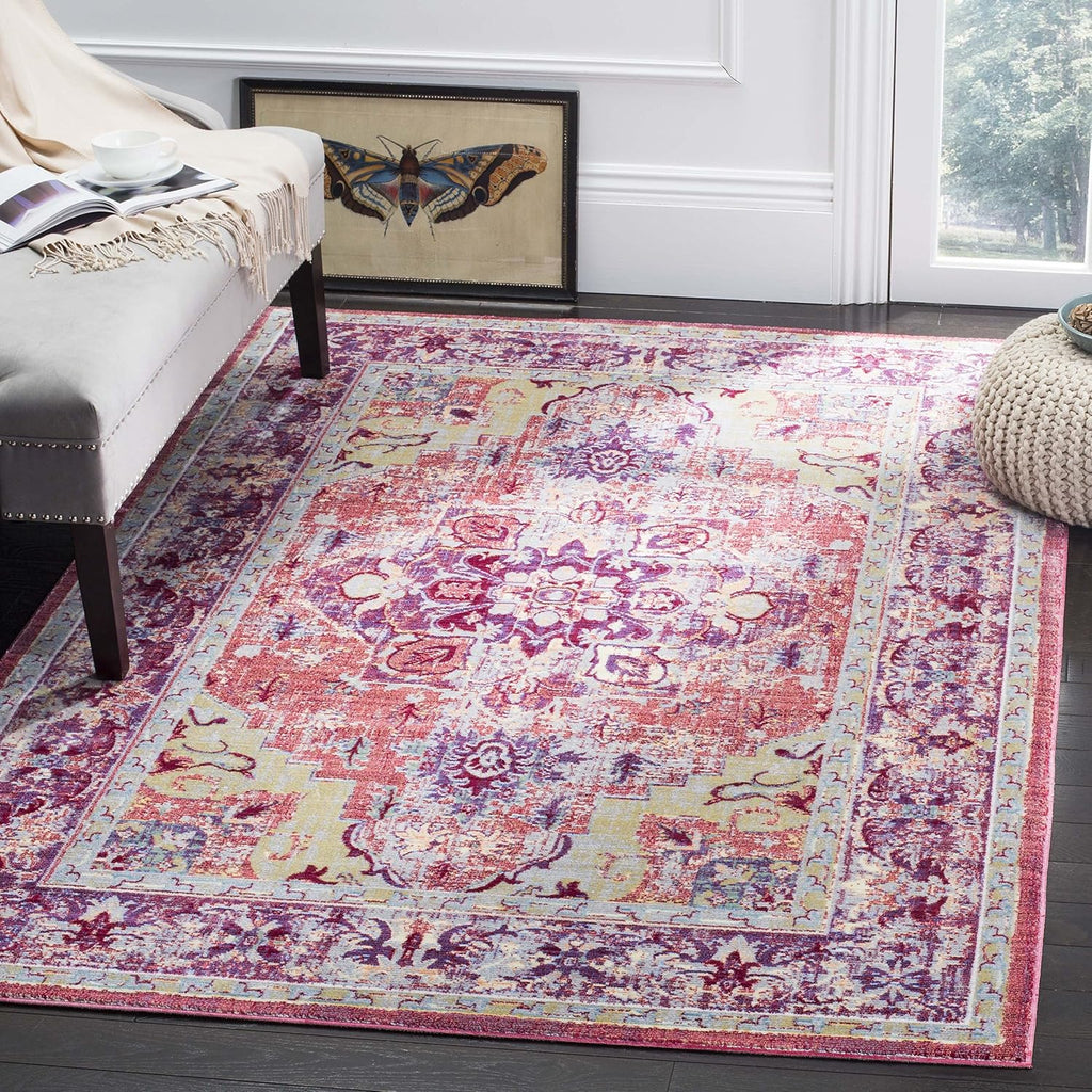 SAFAVIEH Claremont Collection Area Rug - 6'7' Square, Purple & Coral, Oriental Medallion Distressed Design, Non-Shedding & Easy Care, Ideal for High Traffic Areas in Living Room, Bedroom (CLR664A)