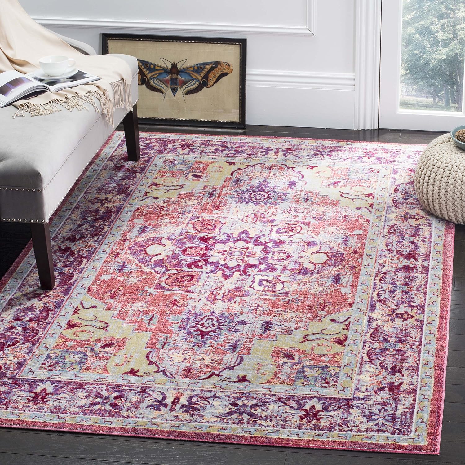 SAFAVIEH Claremont Collection Area Rug - 6'7' Square, Purple & Coral, Oriental Medallion Distressed Design, Non-Shedding & Easy Care, Ideal for High Traffic Areas in Living Room, Bedroom (CLR664A)