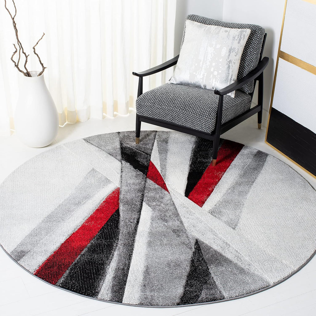 SAFAVIEH Hollywood Collection Area Rug - 6'7' Round, Grey & Red, Mid-Century Modern Design, Non-Shedding & Easy Care, Ideal for High Traffic Areas in Living Room, Bedroom (HLW710Q)