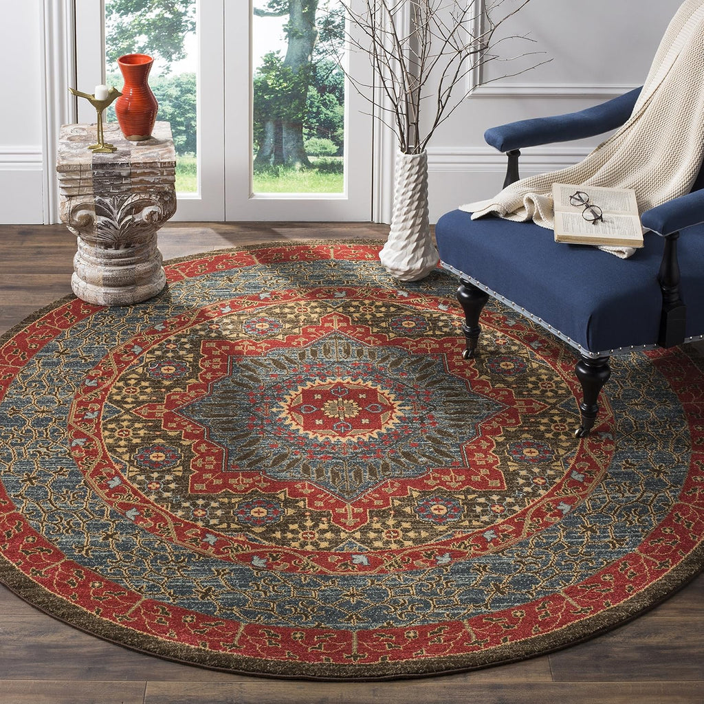 SAFAVIEH Mahal Collection Area Rug - 9' Round, Navy & Red, Traditional Oriental Design, Non-Shedding & Easy Care, Ideal for High Traffic Areas in Living Room, Bedroom (MAH620C)