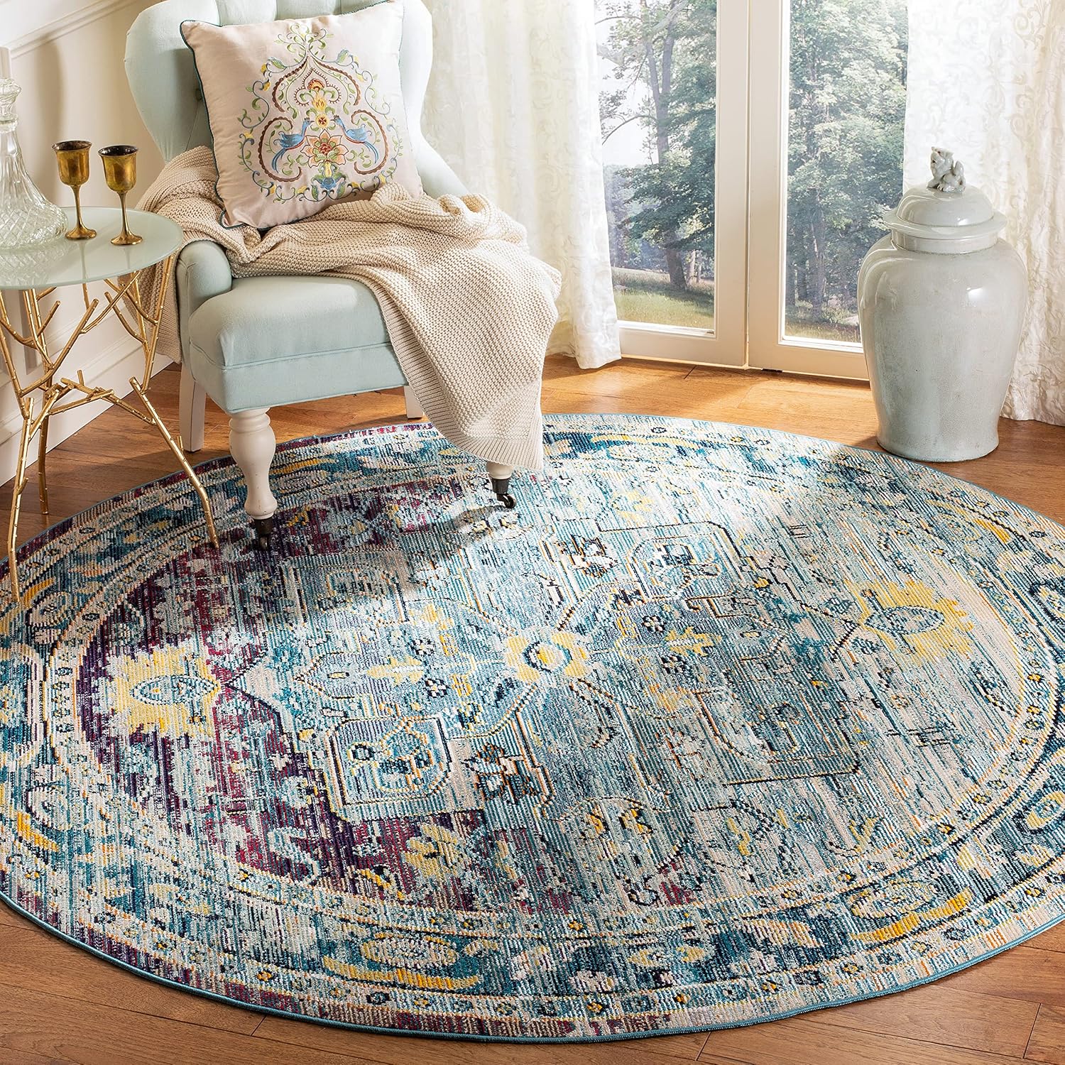 SAFAVIEH Crystal Collection Area Rug - 7' Round, Teal & Purple, Medallion Distressed Design, Non-Shedding & Easy Care, Ideal for High Traffic Areas in Living Room, Bedroom (CRS503D)