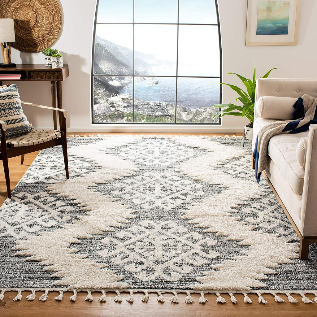 SAFAVIEH Moroccan Tassel Shag Collection Area Rug - 9' Square, Ivory & Grey, Boho Design, Non-Shedding & Easy Care, 2-inch Thick Ideal for High Traffic Areas in Living Room, Bedroom (MTS652F)