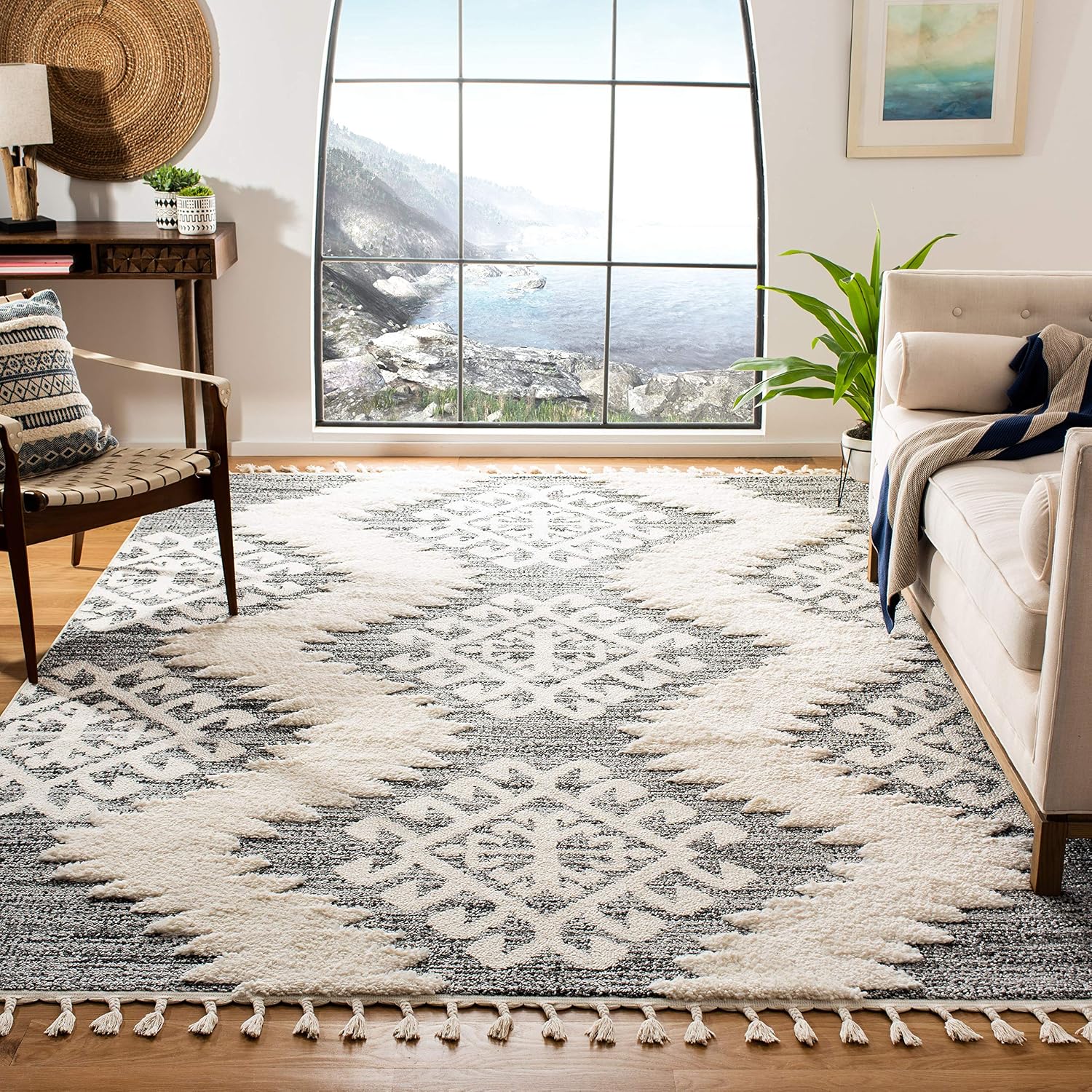 SAFAVIEH Moroccan Tassel Shag Collection Area Rug - 9' Square, Ivory & Grey, Boho Design, Non-Shedding & Easy Care, 2-inch Thick Ideal for High Traffic Areas in Living Room, Bedroom (MTS652F)
