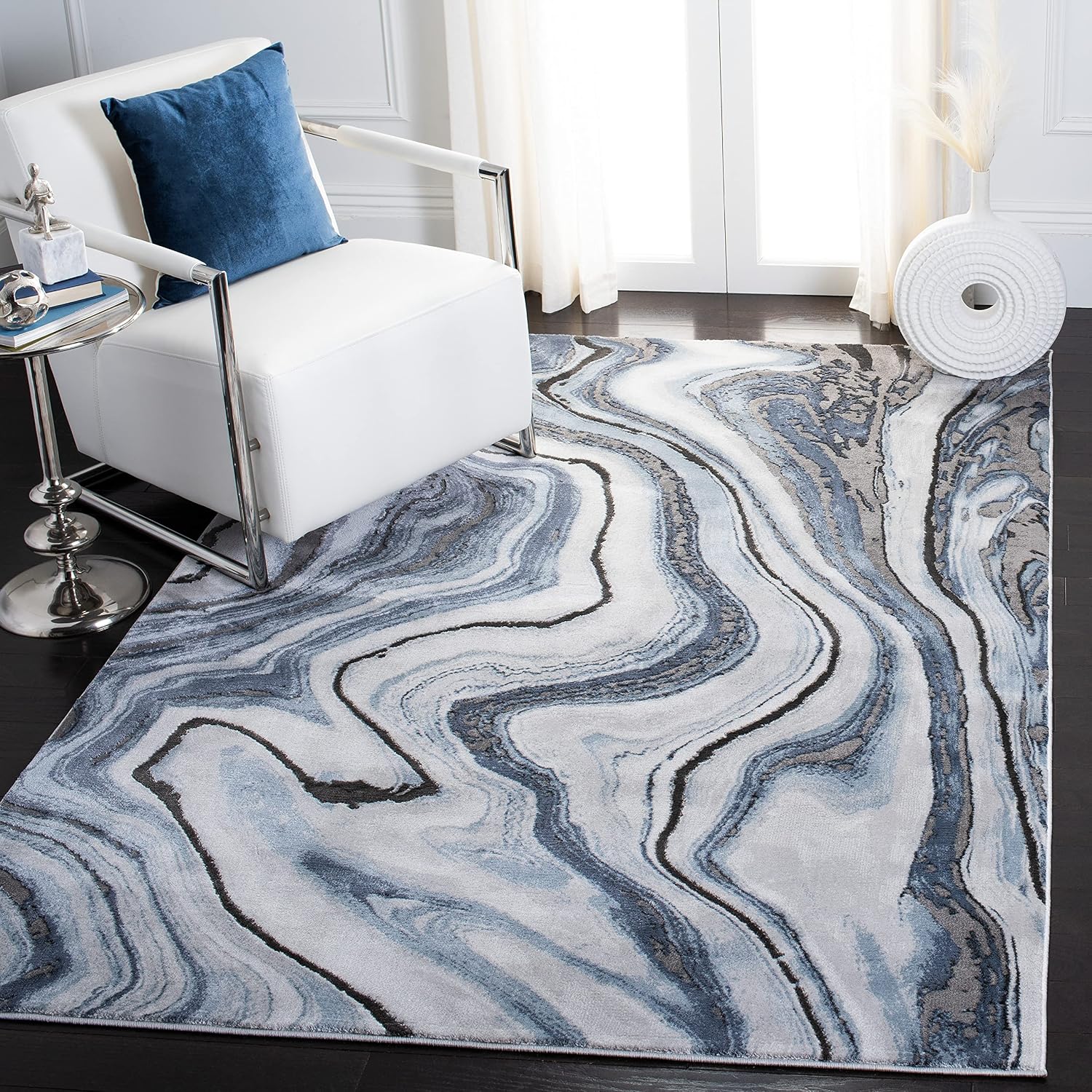 SAFAVIEH Craft Collection Area Rug - 6'7' x 9', Blue & Grey, Modern Abstract Design, Non-Shedding & Easy Care, Ideal for High Traffic Areas in Living Room, Bedroom (CFT819M)