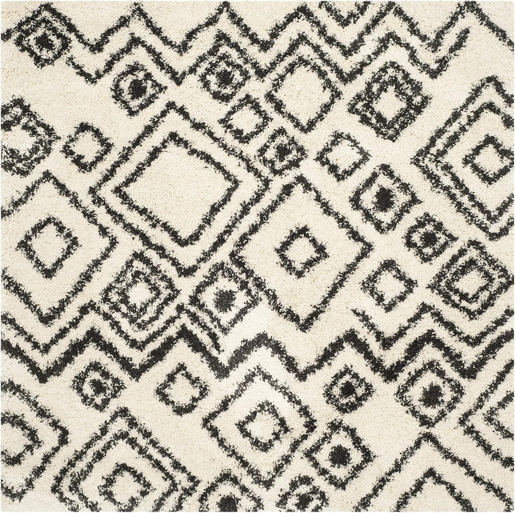 SAFAVIEH Belize Shag Collection Area Rug - 6'7' Square, Ivory & Charcoal, Boho Tribal Design, Non-Shedding & Easy Care, 2-inch Thick Ideal for High Traffic Areas in Living Room, Bedroom (SGB488B)