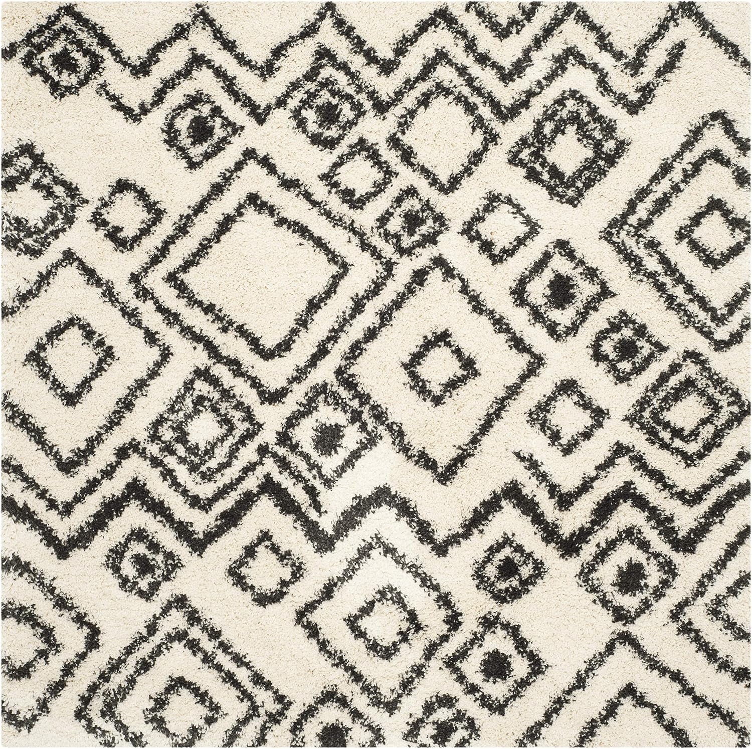 SAFAVIEH Belize Shag Collection Area Rug - 6'7' Square, Ivory & Charcoal, Boho Tribal Design, Non-Shedding & Easy Care, 2-inch Thick Ideal for High Traffic Areas in Living Room, Bedroom (SGB488B)