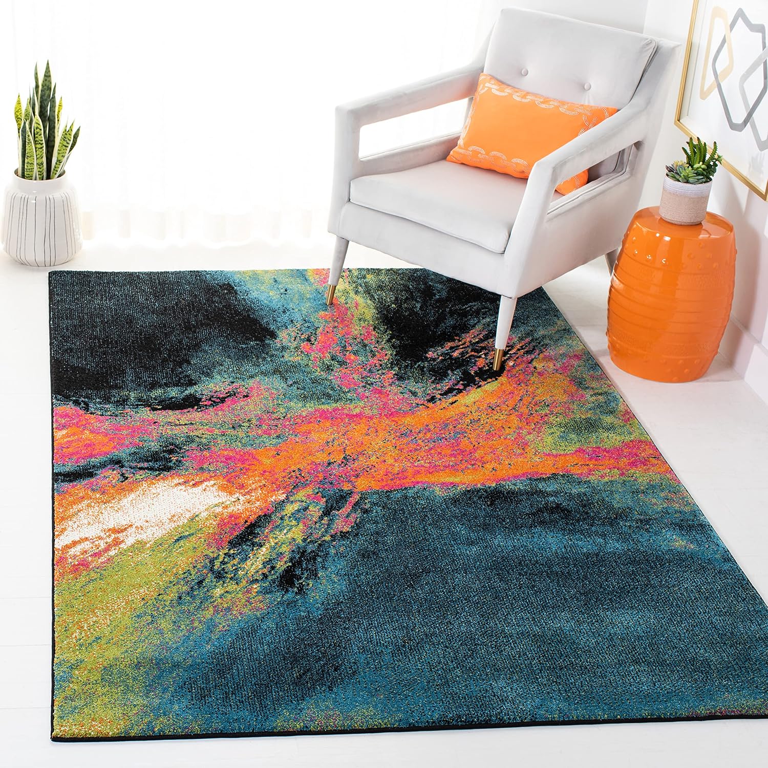 SAFAVIEH Galaxy Collection Area Rug - 5'3' x 7'6', Blue & Orange, Modern Abstract Design, Non-Shedding & Easy Care, Ideal for High Traffic Areas in Living Room, Bedroom (GAL117N)